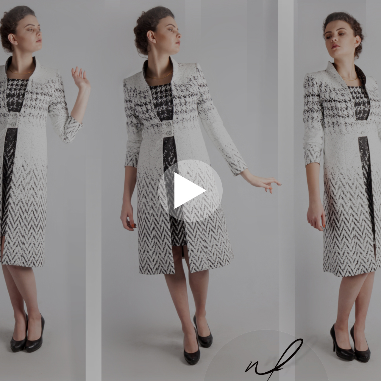 Elegancki wizytowy płaszcz do sukienki w czarnobiały wzór. Ekskluzywna odzież dyplomatyczna szyta na miarę w De Marco. 