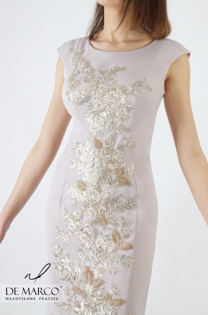Elegancka sukienka ołówkowa z ekskluzywną gipiurą w kolorze jasnego brązu Halia, Nowoczesna odzież damska