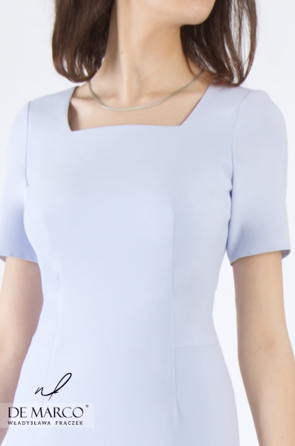 Jasno niebieska sukienka wizytowa na imprezy okolicznościowe Hilariona, Elegancka odzież damska projektowana w Polskiej firmie