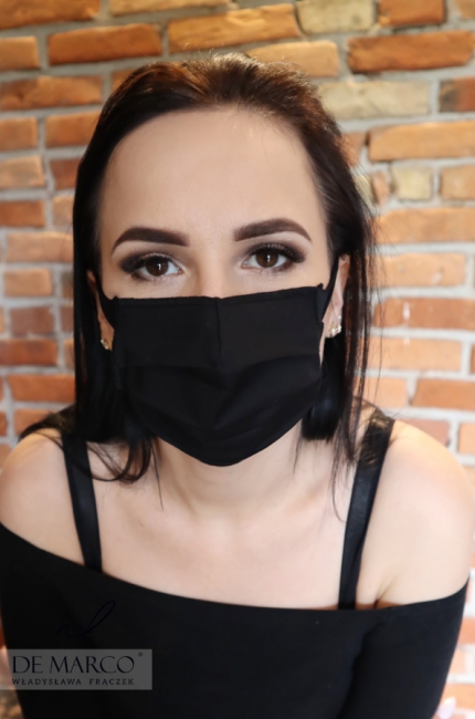 Elegancka czarna maska bawełniana wielorazowa od polskiego producenta, Dostępne w sklepie internetowym De Marco we Frydrychowicach
