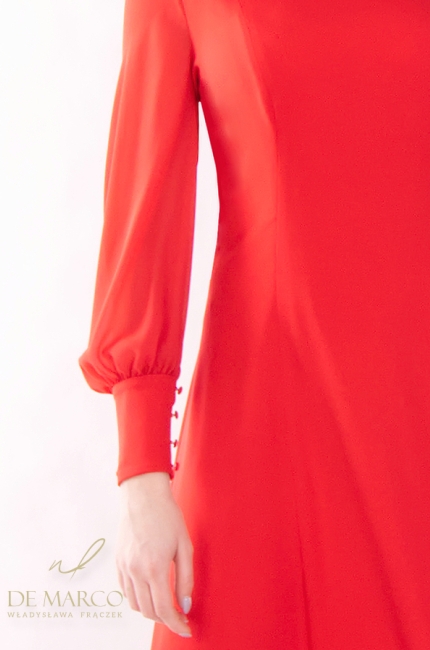 Najmodniejsze czerwone sukienki rozkloszowane midi. Sukienka koktajlowa z długim rękawem szyta w Polsce. Sklep internetowy DE MARCO