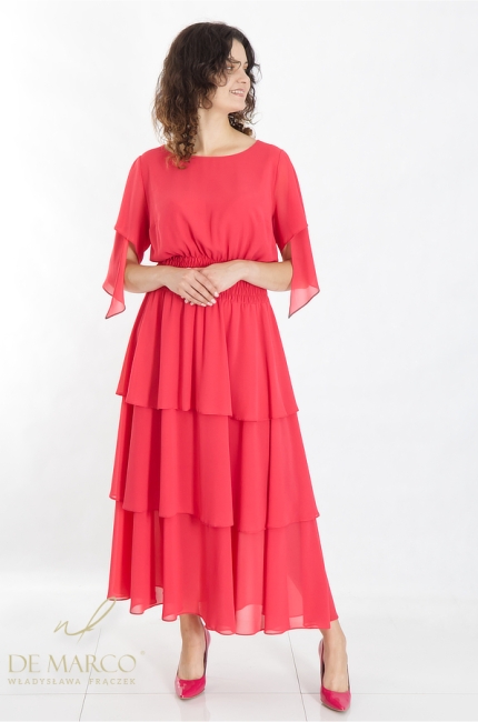 Romantyczna malinowa czerwona stylizacja szyfonowa w długości maxi. Eleganckie sukienki maxi na lato. Szycie na miarę De Marco