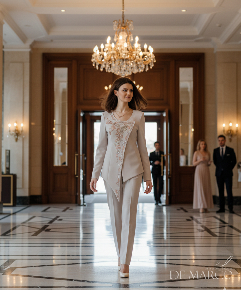 Garnitur damski jako elegancka alternatywa dla kreacji weselnych mamy panny młodej i pana młodego