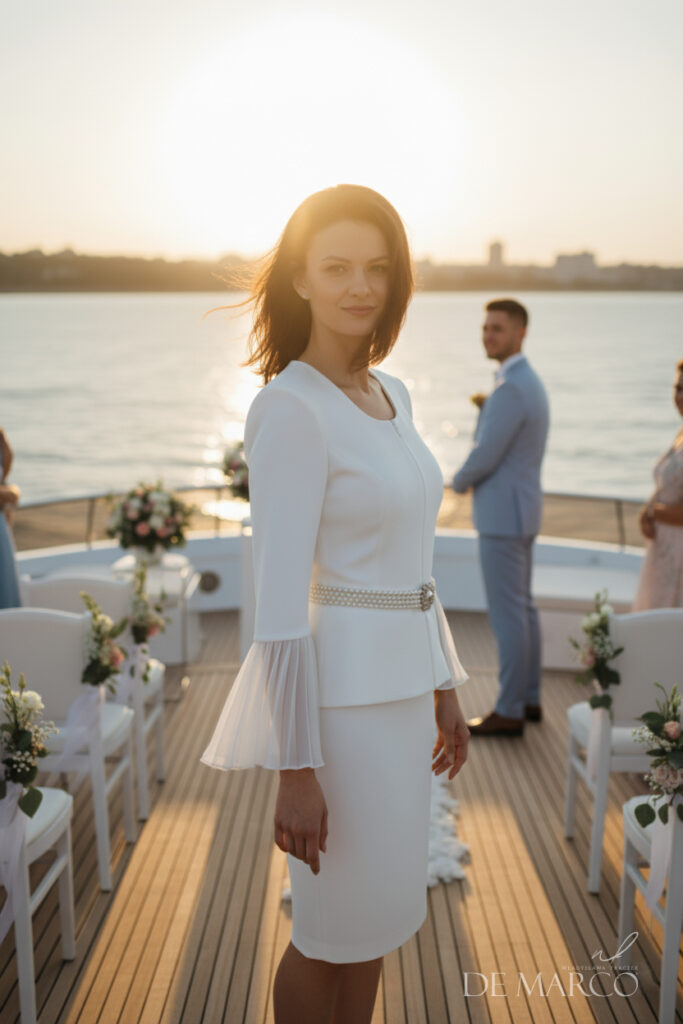 Ekskluzywne białe garsonki ślubne szyte na miarę w pracowni krawieckiej De Marco