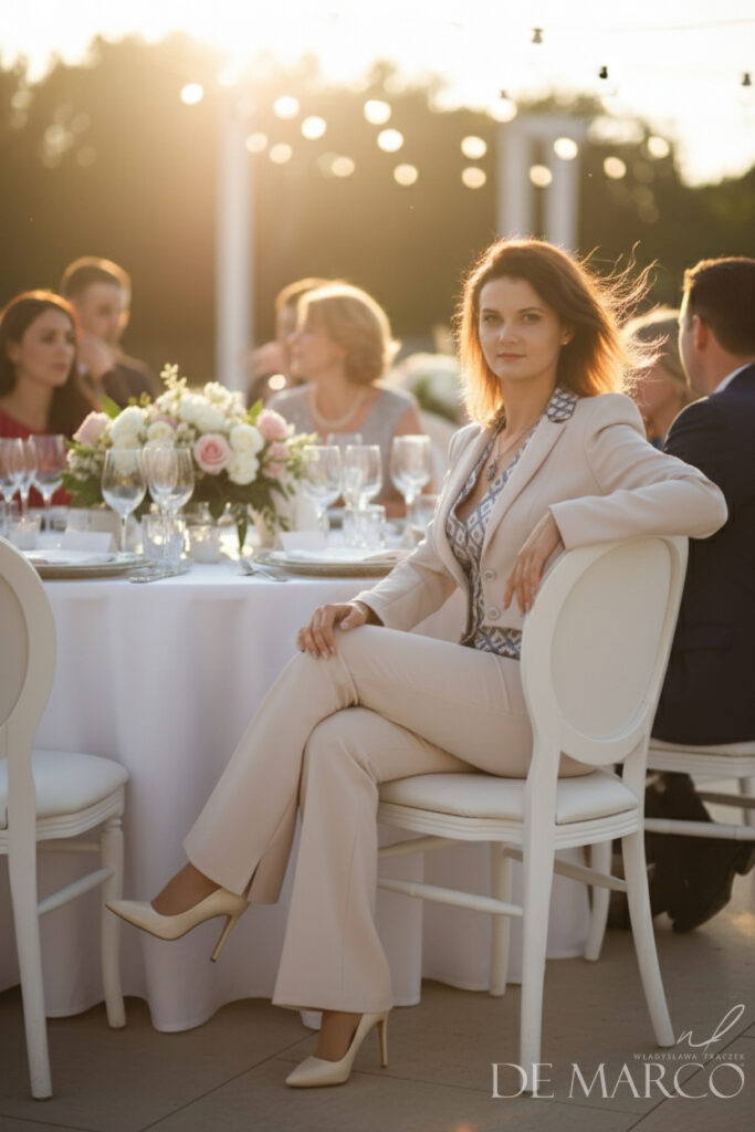 Ekskluzywne wieczorowe garnitury damskie szyte na miarę u krawca. De Marco unikatowe komplety ze spodniami projektowane i szyte na zamówienie w Atelier Władysławy Frączek