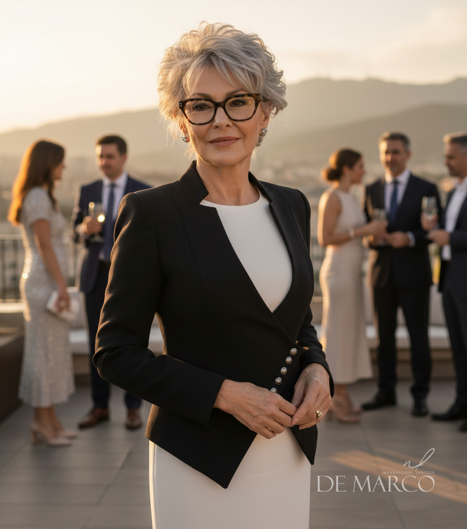 Wyszczuplający żakiet ze spódnicą najmodniejszy komplet damski elegancki i nowoczesny De Marco żarny żakiet biała sukienka