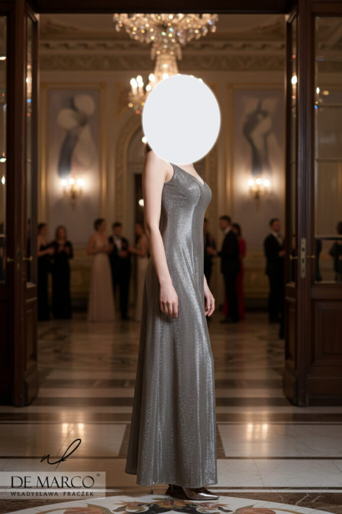 Błyszcząca długa sukienka wieczorowa z rozcięciem De Marco szycie na miarę 