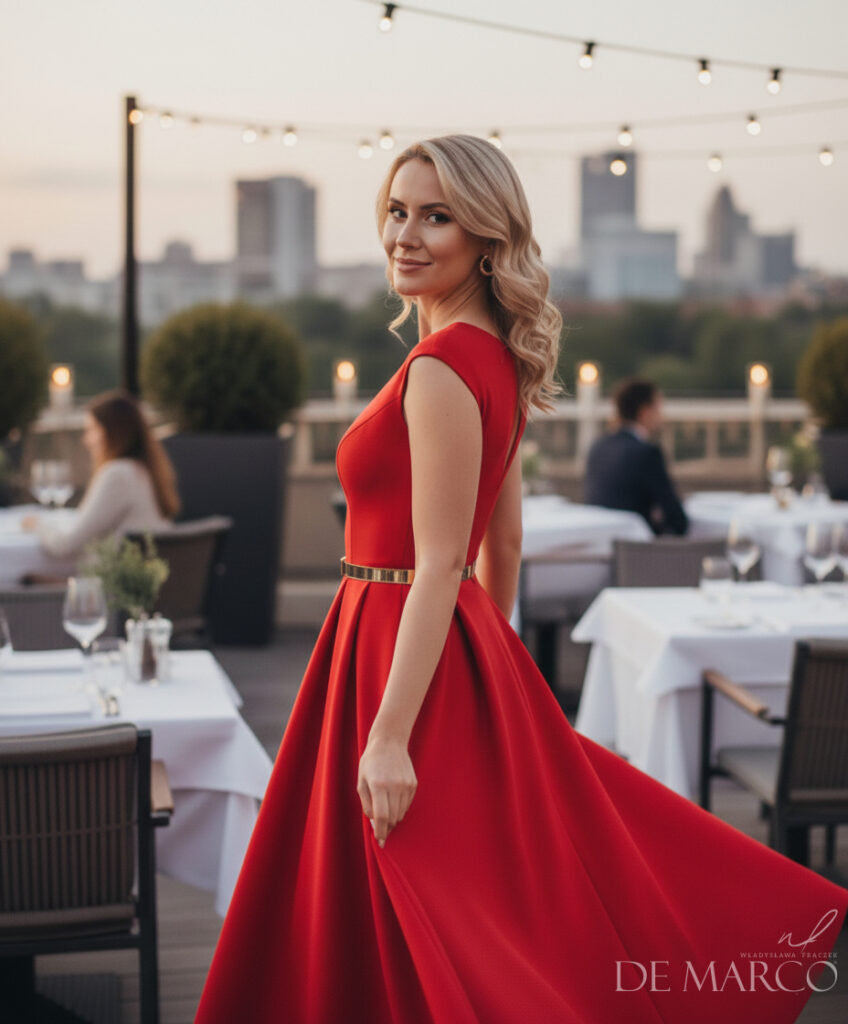 Elegancka sukienka na wesele, jubileusz i przyjęcie - De Marco szycie na miarę