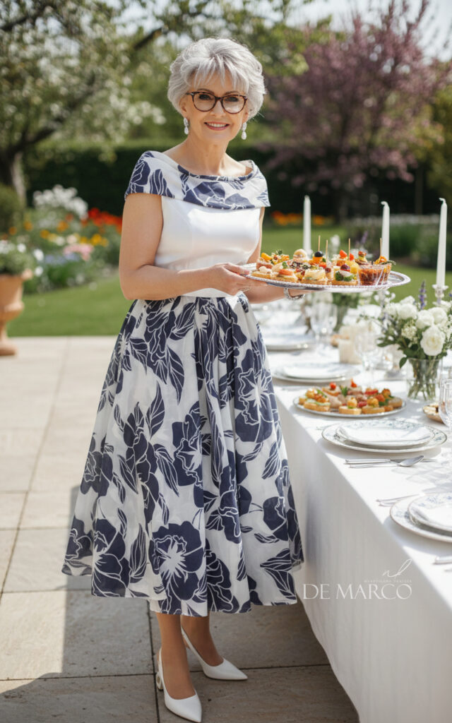 Jedwabna koktajlowa sukienka dla 50 latki, 60 latki, 70 latki szyta na miarę w De Marco- najmodniejsza luksusowa marka odzieżowa