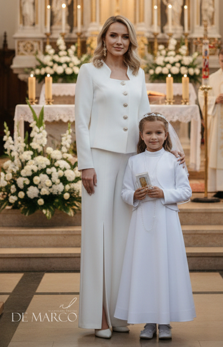 Modne stylizacje na komunię dla mamy dziecka. Białe garnitury garsonki i kostiumy damskie szyte na miarę Kraków, Warszawa, Gdynia, Szczecin, Gdańsk