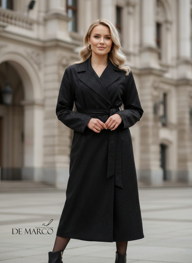 Elegancki przejściowy płaszcz z ekoskóry De Marco polski producent ekskluzywnej odzieży damskiej 
