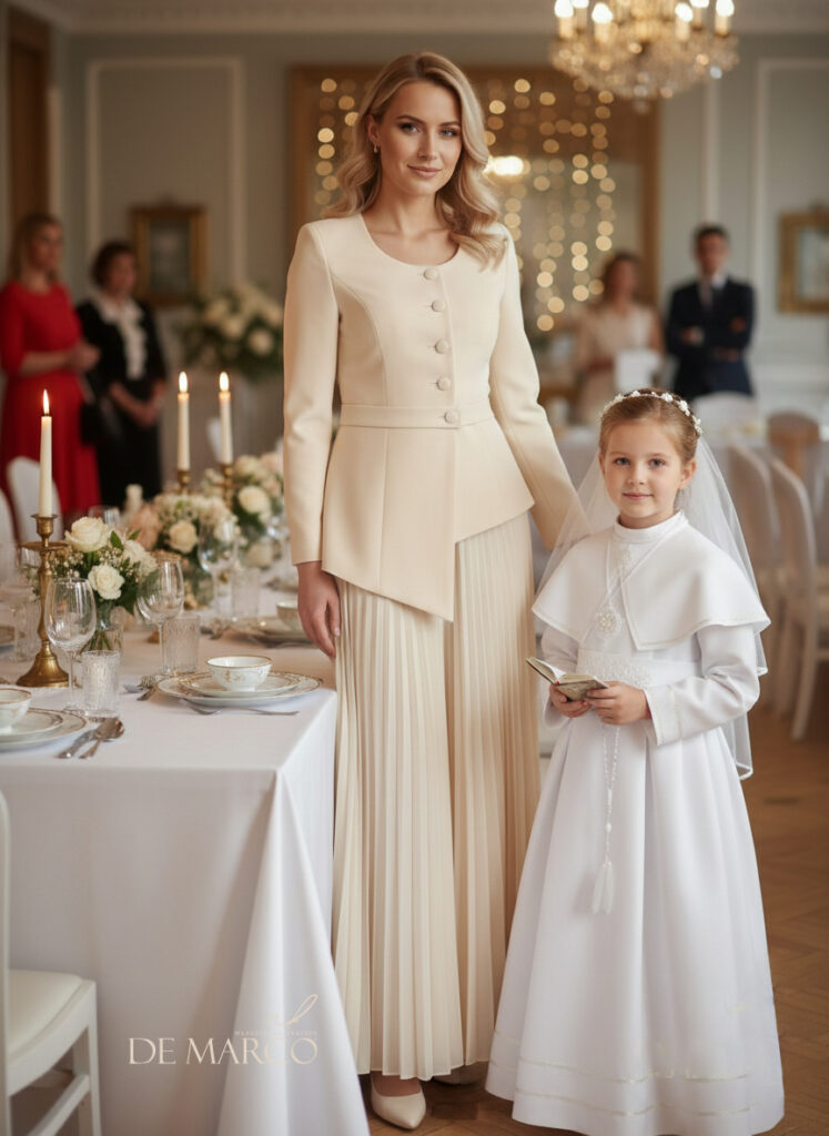 Luksusowy garnitur damski na komunię dla mamy dziecka. Szycie na miarę garniturów dla kobiet po 30 tce, 40 tce, 50 tce.