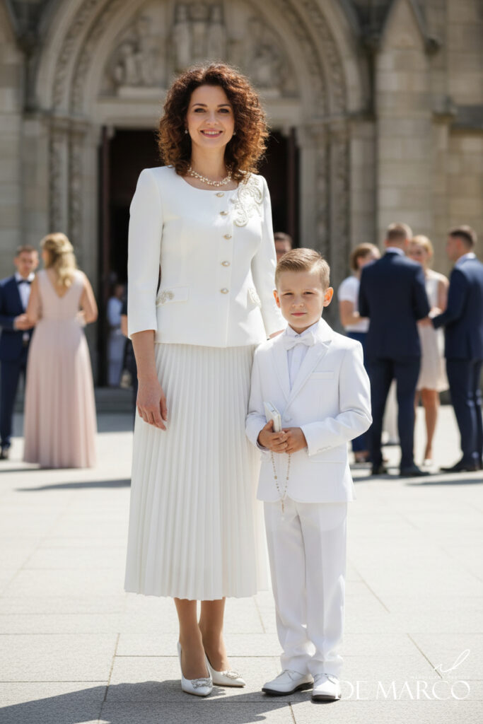 Eleganckie komplety ze spódnicą na komunię dziecka De Marco szycie na miarę 