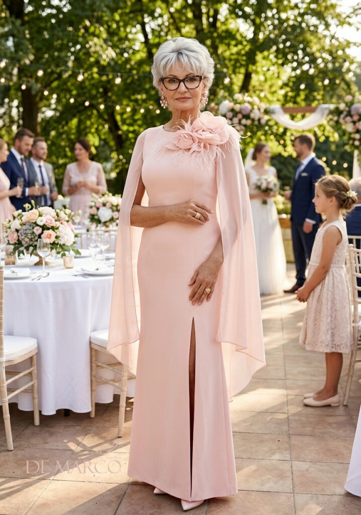 Najpiękniejsza suknia dla mamy panny młodej lub pana młodego De Marco krawiectwo miarowe - ekskluzywna odzież damska od projektanta. Różowa długa sukienka z jedwabnym etole