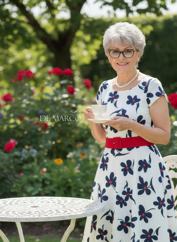 Elegancka koktajlowa sukienka w kwiaty idealna na przyjęcia latem i wiosna. Stylowa kreacja na komunię, chrzciny i imieniny De Marco
