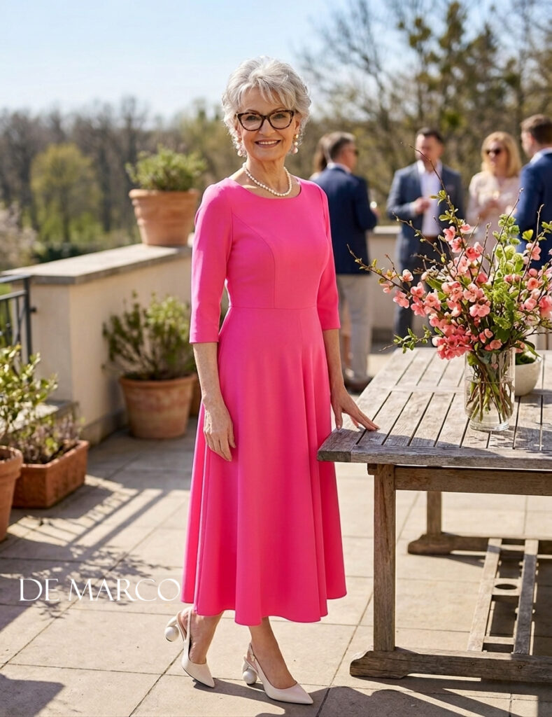 Elegancka różowa sukienka dla 50 latki, 60 latki, 70 latki De Marco sukienki szyte na miarę - sklep internetowy 