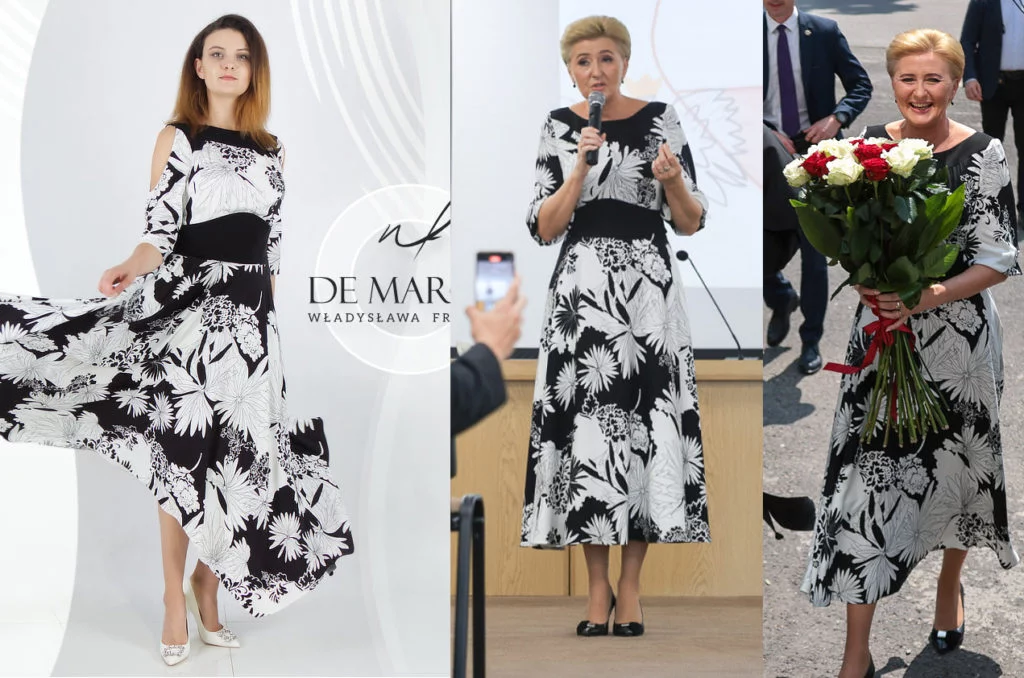 Pierwsza dama w weleganckiej czarno białej sukience z wiskozy