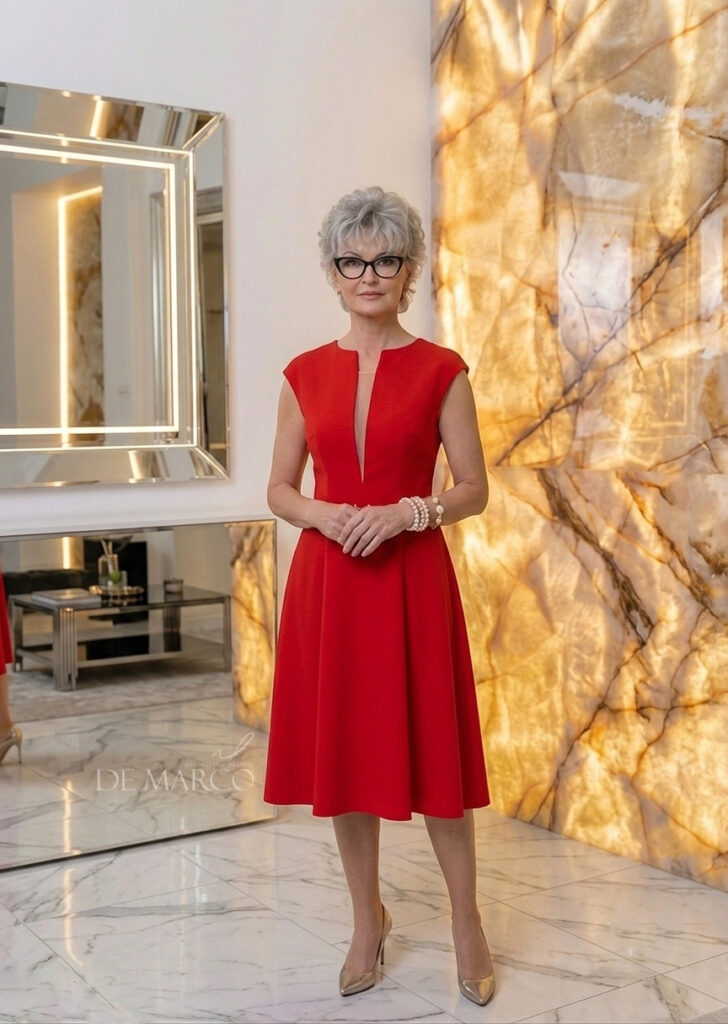 Modne sukienki dla 50 latki, 60 latki szyte na miarę w De Marco Atelier Władysławy Frączek - najlepsza polska pracownia krawiecka