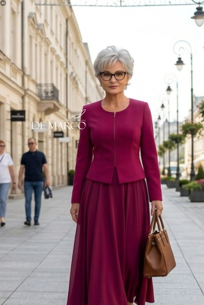 Eleganckie komplety damskie dla 60 latki projektowane i szyte na miarę w De Marco - piękny zestaw ze spódnicą