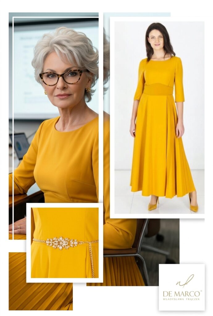 Unikatowa odzież wizytowa dla kobiet eleganckich. Miodowa sukienka z rękawem De Marco