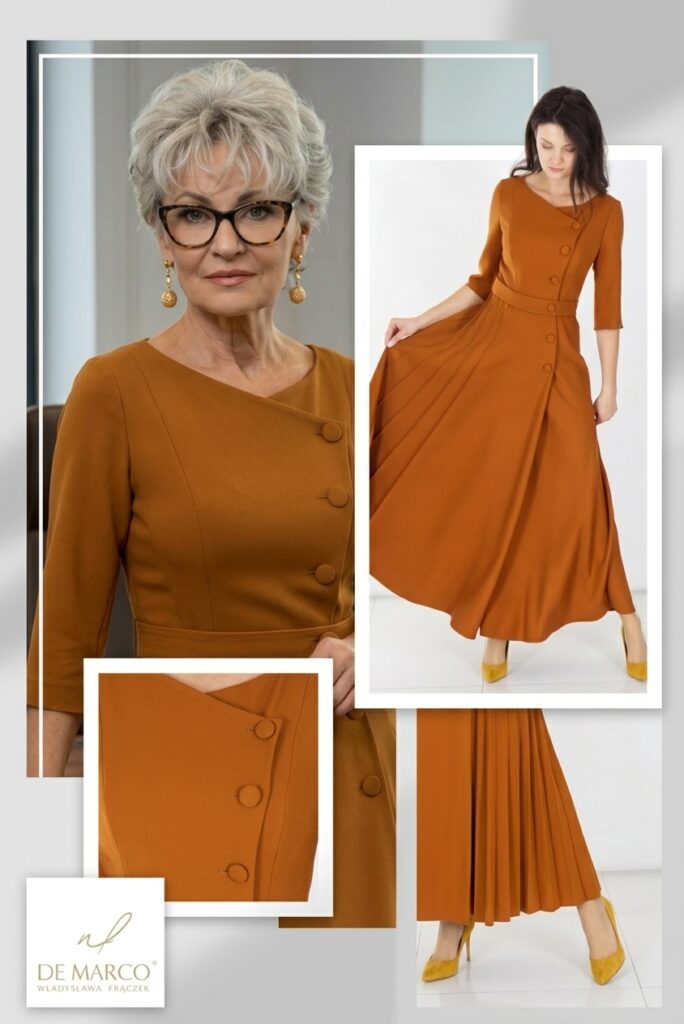 Elegancka jesienna sukienka wizytowa De Marco - brązowa sukienka z rękawem 3/4, poszerzana dołem