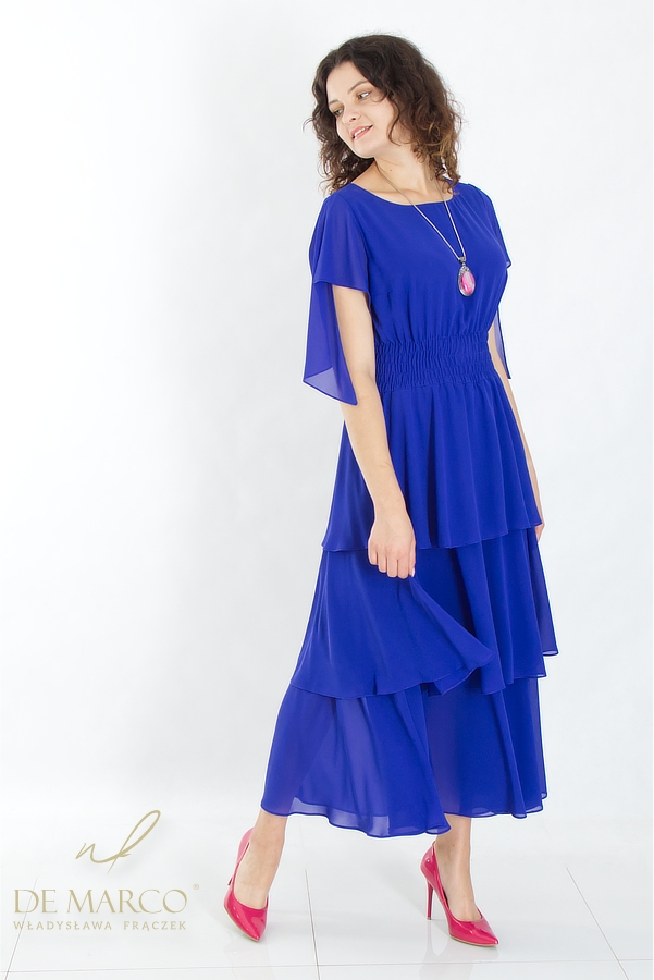 Beautiful airy and comfortable cocktail dress with a welt at the waist. De Marco sapphire chiffon dresses. Online shop