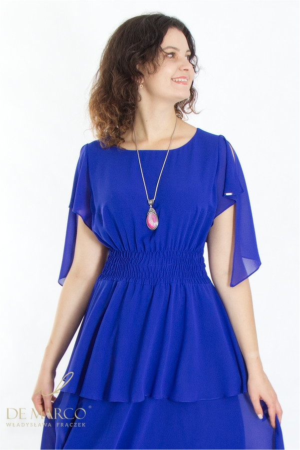 Beautiful airy and comfortable cocktail dress with a welt at the waist. De Marco sapphire chiffon dresses. Online shop