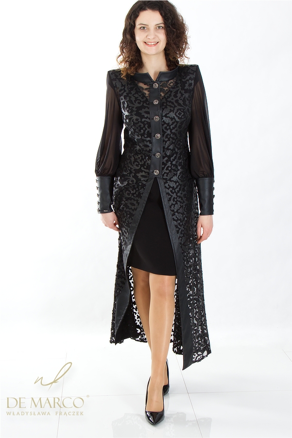 A refined evening dress coat made of eco-leather. Fashionable lace formal  coats from De Marco online shop
