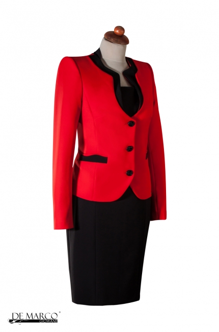 Elegancki zestaw do pracy czarna sukienka Wiera z czerwonym żakietem Liwia