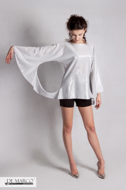 Oryginalna, srebrna bluzka na wystrzałowe imprezy Feba, Moda damska od Polskiej firmy