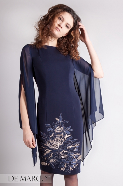 Piękna granatowa sukienka dla mamy wesela Jadwiga z rękawami szyfonowymi i prawdziwą haftowaną koronką, Sklep online
