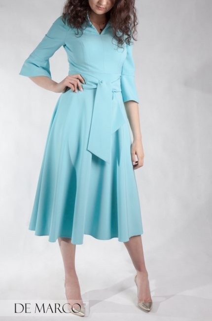 Piękna, rozkloszowana sukienka retro Agata. Najpiękniejsze sukienki wizytowe do połowy łydki z rękawem 3/4. Sklep De Marco z elegancką odzieżą damską.