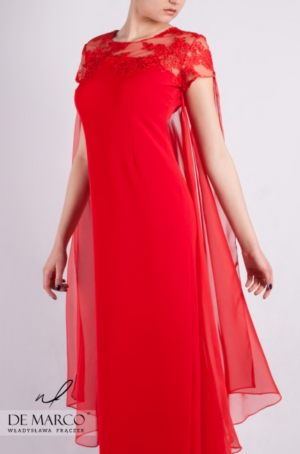 Luksusowa czerwona sukienka Una na wesele dla mamy pana młodego lub młodej pani, Szycie na miarę sukni wieczorowej w Atelier W. Frączek