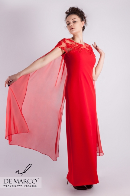 Dazzling ball creation Una, A long, red dress tailored at De Marco