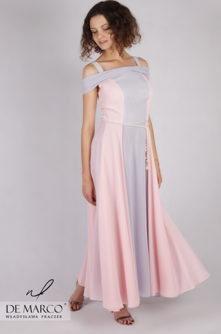 Maxi sukienka szyfonowa na królewskie wesele Violetta, Rozkloszowane sukienki wizytowe
