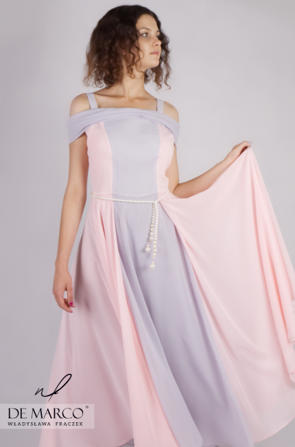 Rozkloszowana sukienka maskująca brzuszek i biodra Violetta, Piękne sukienki od kreatorki mody W. Frączek