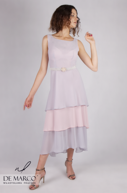Szaro - różowa sukienka na wesele Pamela, Zwiewne sukienki na lato, Sklep online