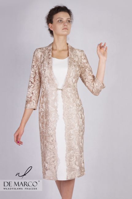 Ekskluzywny płaszczyk z wyszczuplającą sukienką Almas, Wizytowe komplety dla dojrzałych kobiet projektowane przez stylistkę Pierwszej Damy