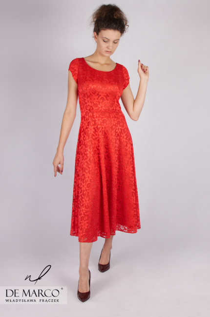 Romantyczna czerwona sukienka wieczorowa Dajana, De Marco modne sukienki na wesele dla mamy