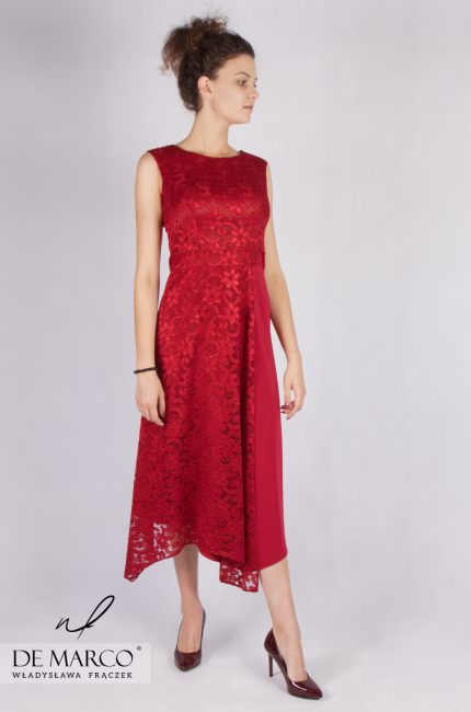 Piękna koronkowa sukienka o długości midi Loretta, Eleganckie sukienki na wesele dla mamy sklep De Marco, Szycie na miarę w Atelier W. Frączek