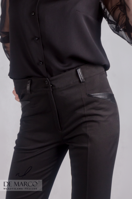 Czarne spodnie z elementami skóry ekologicznej Jonna, Szycie na miarę nietypowych rozmiarów w De Marco