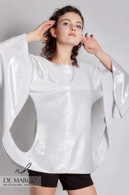 Oryginalna bluzka od projektantki mody Feba, Markowa bluzka w srebrnym kolorze