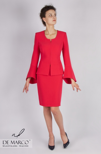 Reprezentatywny komplet: żakiet i spódnica w kolorze czerwonym Noemi II​​​​​​​, Biznesowe garsonki od De Marco
