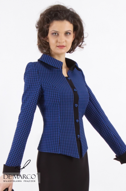 A representative suit in navy blue and black Aurora, Elegant women's costumes 2020