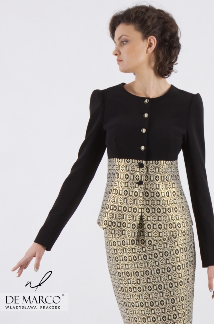 Królewska garsonka w złoto - czarnym kolorze na wystąpienia publiczne Fortis, Biznesowa moda 2020