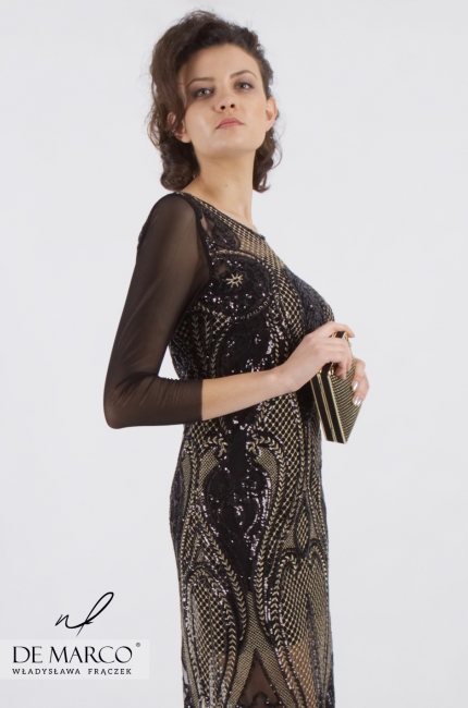 Czarno - złota sukienka z koralikami Juno, Unikatowa odzież damska od Polskiego producenta