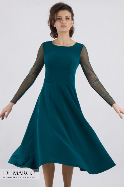Elegancka sukienka w kolorze zielonym i długim rękawkiem Kaliope, Modne sukienki 2020