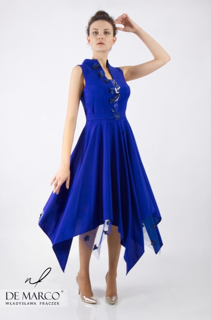 Szafirowa suknia Sirene - długość asymetryczna, Eleganckie sukienki na wesele w lecie