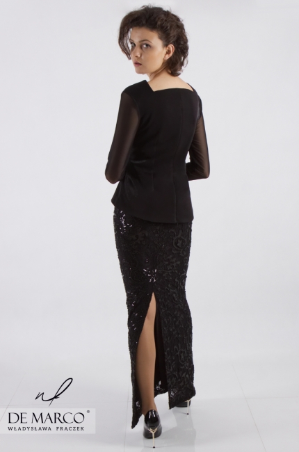 Śliczny komplet - czarna bluzka z maxi spódnicą koronkową, Oryginalna odzież damska od projektanta