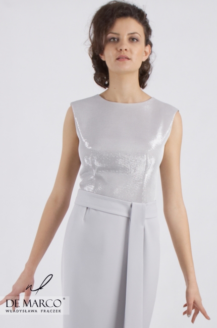 Innowacyjny zestaw srebrny - ołówkowa sukienka z asymetrycznym płaszczem Galatea, Markowe komplety odzieży